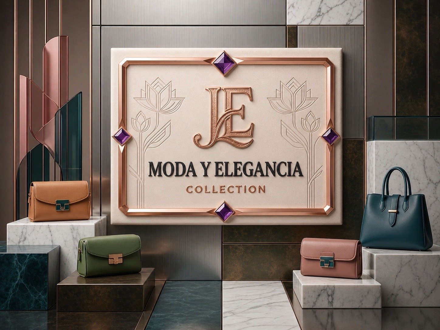 Imagen principal JE Elegance con bolsos y placa de marca