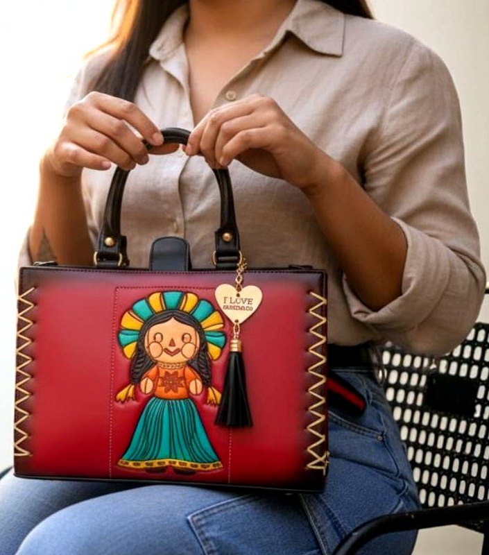 Mujer sosteniendo bolsa roja JE Elegance